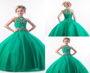 Emerald Green Girls Pageant Dresses Halter High Neck Tulle pärlor Kristaller Kids Applices Glitz Flower Girls Dresses9041948