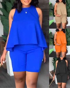 Damen Zweiteilige Hosen Elegante Damen T-Shirts + Shorts 2-teilige Sets 2023 Sommermode-Stil Pendler Solide ärmellose Oberteile Hosen Damenanzug S-XXXL YQ240214