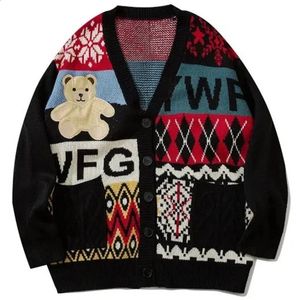 Autumn Bear Embroidery Cardigan Sweater For Men Korean Fashion Cartoon Hip Hop Loose Women Knitwear Coats Vintage Cardigans 240130