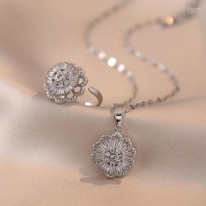 Necklace Earrings Set Rotating Flower Ring Pendants Clavicle Necklaces For Women Stainless Steel Chains GiftWhite Zircon Bridal