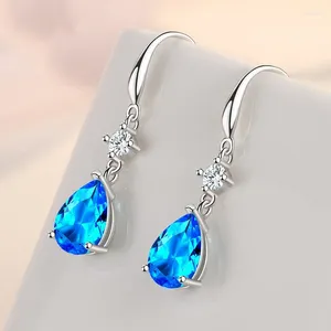 Orecchini pendenti in argento sterling 925 con zirconi di cristallo blu a forma di cuore con goccia d'acqua per le donne, gioielli di moda per fidanzamento di nozze