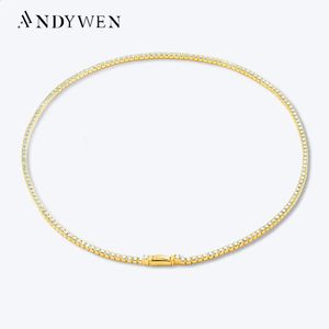 Andywen 925 Sterling Silver Gold 2mm Tennis Chain Choker Halsband Långkedja 37,5 cm Women Party Wedding Fine Jewelry 240118