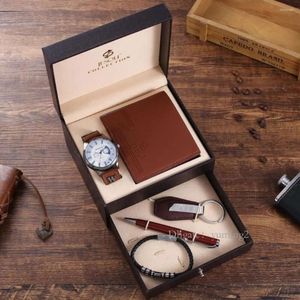 Armbandsur 5st Boutique Watch Gift Set Business Quartz plånbok Armband Pen Keychain Compay för pappa make pojkvän