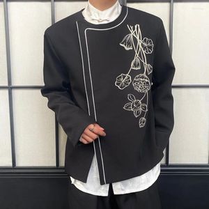 Herrenanzüge Männer Chinesischen Stil Stickerei Kragenlose Vintage Lose Casual Anzug Jacke Blazer Frauen Streetwear Mantel Oberbekleidung Gothic Kleidung