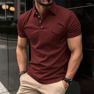 Polos masculinos 2024 verão camiseta malha magro ajuste camisa bolso manga curta esportes muscular masculino camisetas polo