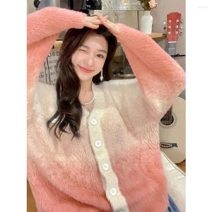 Malhas femininas elegantes mulheres vison cabelo suéteres gradiente rosa manga longa um breasted solto casual casaco de malha feminino cardigans diários