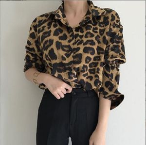 Atacado nova moda estilo coreano leopardo impressão camisa de manga comprida senhoras casual solto blusa retro primavera verão overshirt tamanho s m l xl