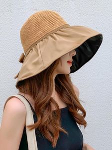 Berets verão preto cola arco cor sólida pescador chapéu masculino e feminino sunhat oco palha proteção uv grande borda rosto protetor solar