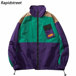 Hip hop sokak kıyafeti ceket rüzgar kırıcı retro renk blok patchwork palet erkek harajuku pamuk gevşek 240125