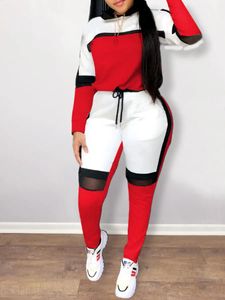 Lw plus size feminino duas peças cor-caroço calças de treino conjunto retalhos desportivo manga longa gola convencional outono outfits 240129