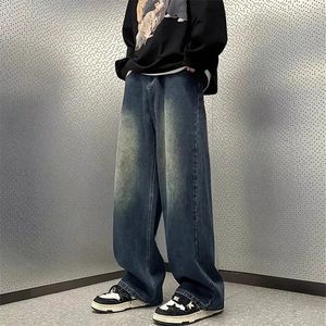 Джинсы, мужская одежда, весенне-осенние однотонные брюки прямого кроя, свободные винтажные брюки с карманами на пуговицах A004 240122