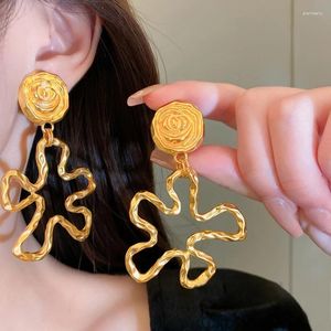 Dangle Earrings AENSOA Vintage Metal Gold Color Flower Large Drop For Women Punk Exaggeration Hollow Floral Statement Jewelry