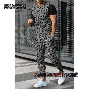 Summer Man Trousers Geometry Printed Short Sleeve T ShirtLong Pants 2 Piece Sets Casual Trend Oversized Men Tracksuits Clothing 240202