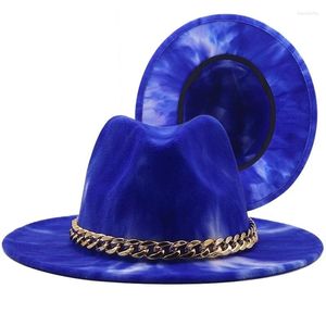 Basker metallkedja färgglada brim fedora hatt män kvinnor imitation ull filt hattar läder panama trilby formell fest mössa