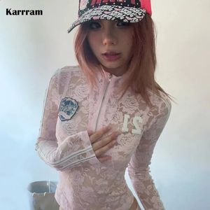 Karrram japonês y2k rendas topos vintage harajuku manga longa pura topos 2000s rosa ver através tshirt americano retro malha topos 240118