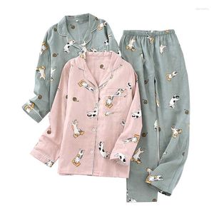 Mulheres sleepwear senhoras pijamas conjunto gaze algodão dos desenhos animados gato impresso pijamas mulheres 2pcs turn-down pescoço camisa calças conforto natureza