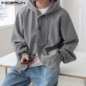 INCERUN Tops Korean Style Mens Solid Loose Fitting Hooded Button Design Sweater Casual Allmatch Sweatshirts S5XL 240202