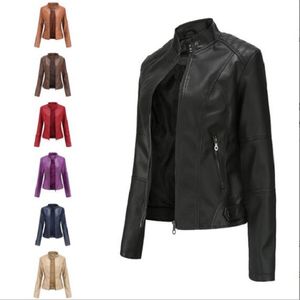 Hot Sale Spring Autumn Fashion Women Pu Leather Jacket Stand-Up Collar dragkedjan Ladies Casual Slim Jackets Storlek XS-4XL