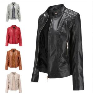 Atacado venda quente primavera outono moda feminina jaqueta de couro gola alta com zíper casaco senhoras casual pu jaquetas tamanho M-4XL