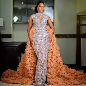 2024 ASO EBI Illusion Gold Mermaid Prom Dress Beaded Crystals Sequined Evene