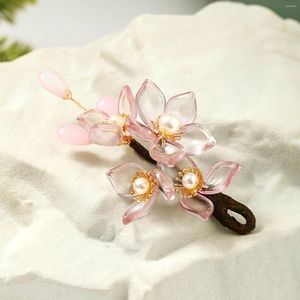 Hair Clips Pink Flower Hairpins Side Vintage Chinese Floral Hairclips Pearl Headpieces Women Girls Hanfu Dress Jewelry Decor
