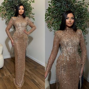 Sparkly Gold Luxury A Line Evening Dresses High Neck Long Sleeve Sequined Beaded Applique Gowns Sweep Train Vestidos De Fiesta Prom Occasion Custom Size