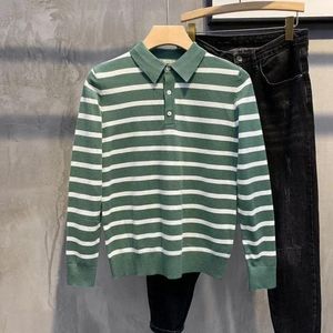 Polos Polos Top Knit Zimowe ciasne ubranie Slim Fit T Polo Shirt for Man Green Stripe Wysokiej jakości Oryginał Pełny rękaw Normalny xl