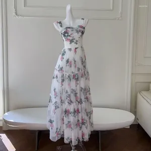 Vestidos casuais rosa flor impressão malha gola quadrada sexy rendas até nua volta tornozelo comprimento elegante festa ano vestido