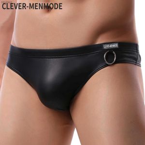 Slips Höschen CLEVER-MENMODE Männer Unterwäsche Sexy Kunstleder Tangas T-back Männlich Low Rise Schwarz Unterhose hombre Dessous Metall Ring YQ240215