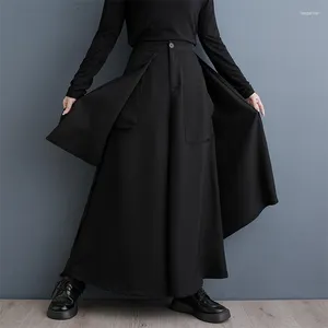 Calças femininas Coreia estilo japonês cintura alta retalhos escuro preto chique senhora primavera perna larga rua moda mulheres casual plissado