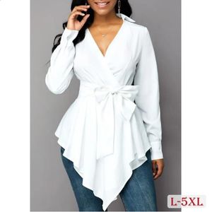 Fashion Plus Size Women Blouse Casual Office Lady Irregular Blouse Shirt with Bow Belt Spring Chiffon Long Sleeve Female Tops 240201