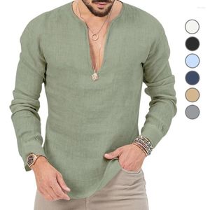 T-shirt da uomo 2024 Primavera Estate Cotone Lino Manica lunga Profondo scollo a V Solid T-shirt Uomo Casual Traspirante Comfort Tops Tees