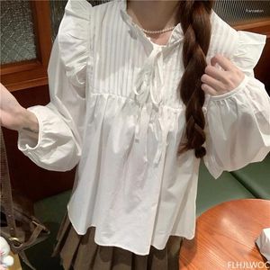 Women's Blouses Ruffles Bow Tie Tops Blusas 2024 Woman Cute Sweet Girls Japan Style Retro Vintage Casual Baby Design Basic White Shirts