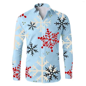 Camisas casuais masculinas camisa de manga longa camisa de floco de neve de natal estiramento para homens moda coreana beachwear arte 3d impressão digital