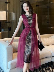 Casual Dresses Elegant Retro Long Dress Women Black Purple Contrast Color Tulle Lace Embroidery Split Robe Femme Party Prom Vestidos Runway