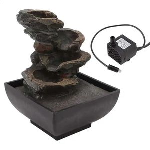 Tisch-Wasserbrunnen, langlebiges Kunstharz, 4 Ebenen, LED-Licht, Wasserfall-Sound, Schreibtisch mit Pumpe, Büro-Desktop-Ornament, Heimdekoration 240129