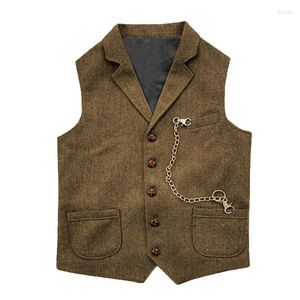 Men's Vests Suit Vest For Men Male Classic Mens Brown Gilet Cowboy Waistcoat Man Dress Tweed Suits Sleeveless Formal Business