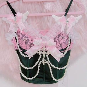 Canotte da donna E vestiti per ragazza Canotte incrociate in pizzo rosa Y2kclothes Harajuku Fashion LolitaTank Kawaii carino