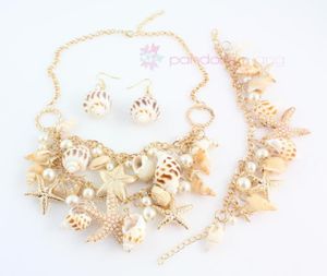2015 New Design Fashion Golden Chain Multielement Pearl Beads Shell Conch Starfish Necklace Set18794373