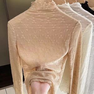 Spring Arrivals Half High Neck Lace Underlay Top for Womens Long Sleeve Sheer Tshirt Hollow Out Mesh Inner Layup Blouse 240130