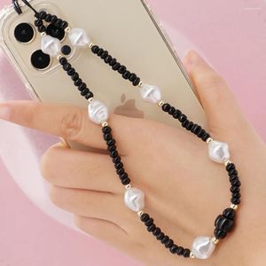 Link Bracelets Go2Boho Phone Chain Black Beaded Telephone Jewelry Pearls Strap Mobile Chains Simple Cord For Cellphone Anti-lost Lanyard