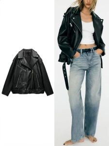 Women's Fall Faux Leather Oversized Jacket Lapel Collar Long Sleeves Locomotive PU Imitation Leather Jacket Female Outerwear 240123