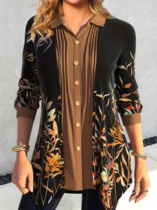 Plus Size Casual Blouse Womens Plus Colorblock Leaf Print Button Up Long Sleeve Turn Down Collar Shirt 240202