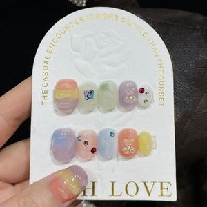 Handgjorda korta falska naglar koreanska stjärndesign akryl manikyr rund återanvändbar lim falska naglar full täck nagel tips för flickor 240129