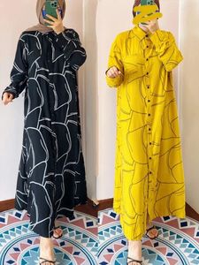 Ethnic Clothing Morocco Muslim Shirt Dress Women Abaya Kaftan Print Casual Split Dresses Dubai Turkey Islam Long Robe Femme Vestidos