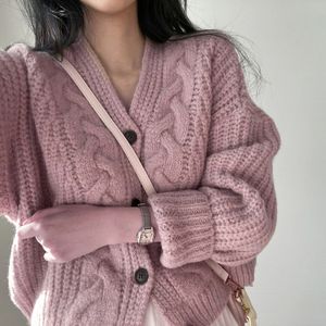 Mulheres com nervuras singlebreasted solto cardigan camisola casaco de malha vneck casual jaqueta curta para 2023 outono inverno 240202