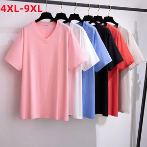 Summer Plus Size Women Tops Large Size Short Sleeve Loose Cotton Pink White V-neck T-shirt 4XL 5XL 6XL 7XL 8XL 9XL 240201