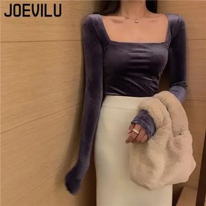 Joevilu Pleuche Crop Top Sexy Square Neck Long Sleeve Bottom Blouse Womens Spring and autumn Korean Fashion Skinny Topsヴィンテージ240202