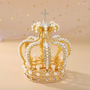 Hårklipp Anpassad brud Queen King Bankett Crown Rhinestone Crystal Pearl Beaded Beauty Pageant Crowns Tiaras