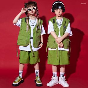 Scenkläder 2024 Jazz Modern Dance Costumes For Kids Loose Green Kpop Outfits Girls Boys Hip Hop Dancing Performance Clothes DN15726